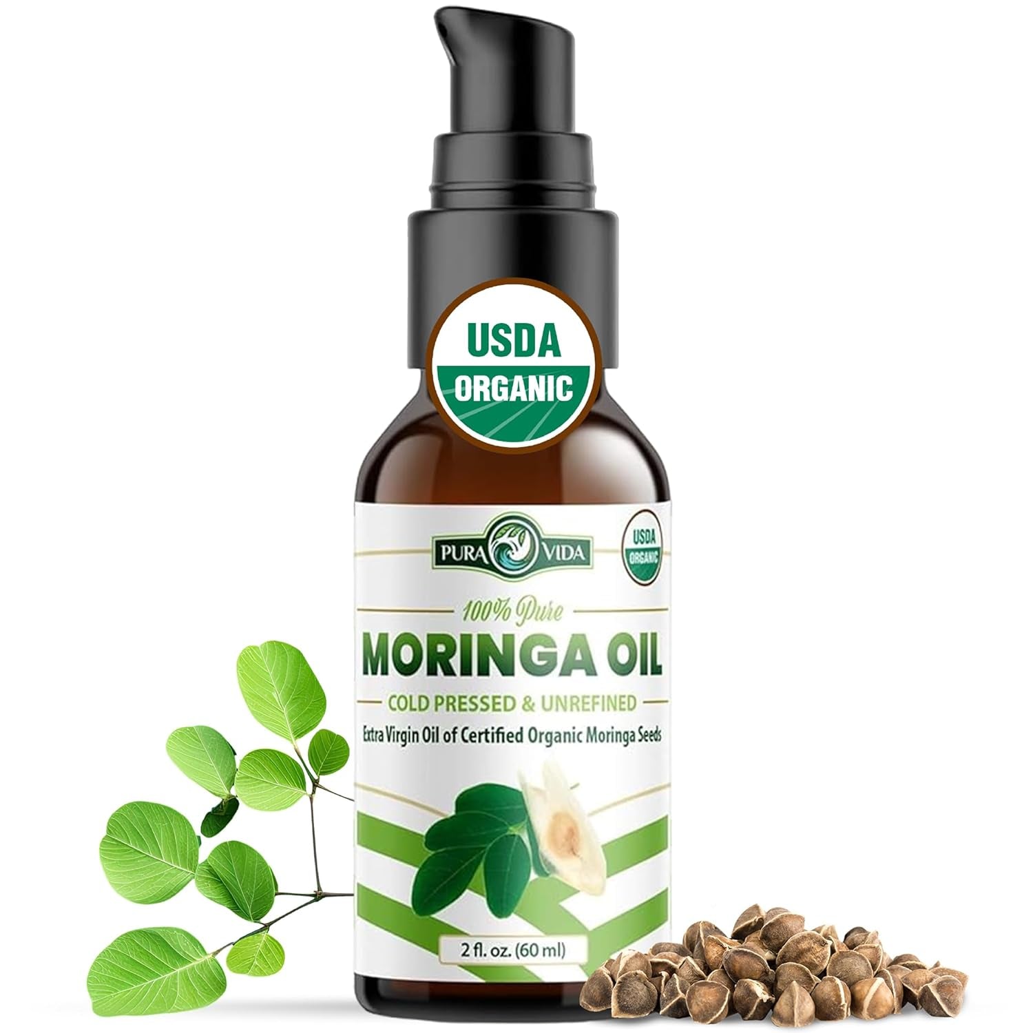 USDA Organic Moringa Seed Oil: 100% Pure, Cold Pressed, Unrefined Moringa Oleifera Seed Oil. 2 Oz Bottle with Treatment Pump. for Skin and Hair - Food Grade for Oral Consumption