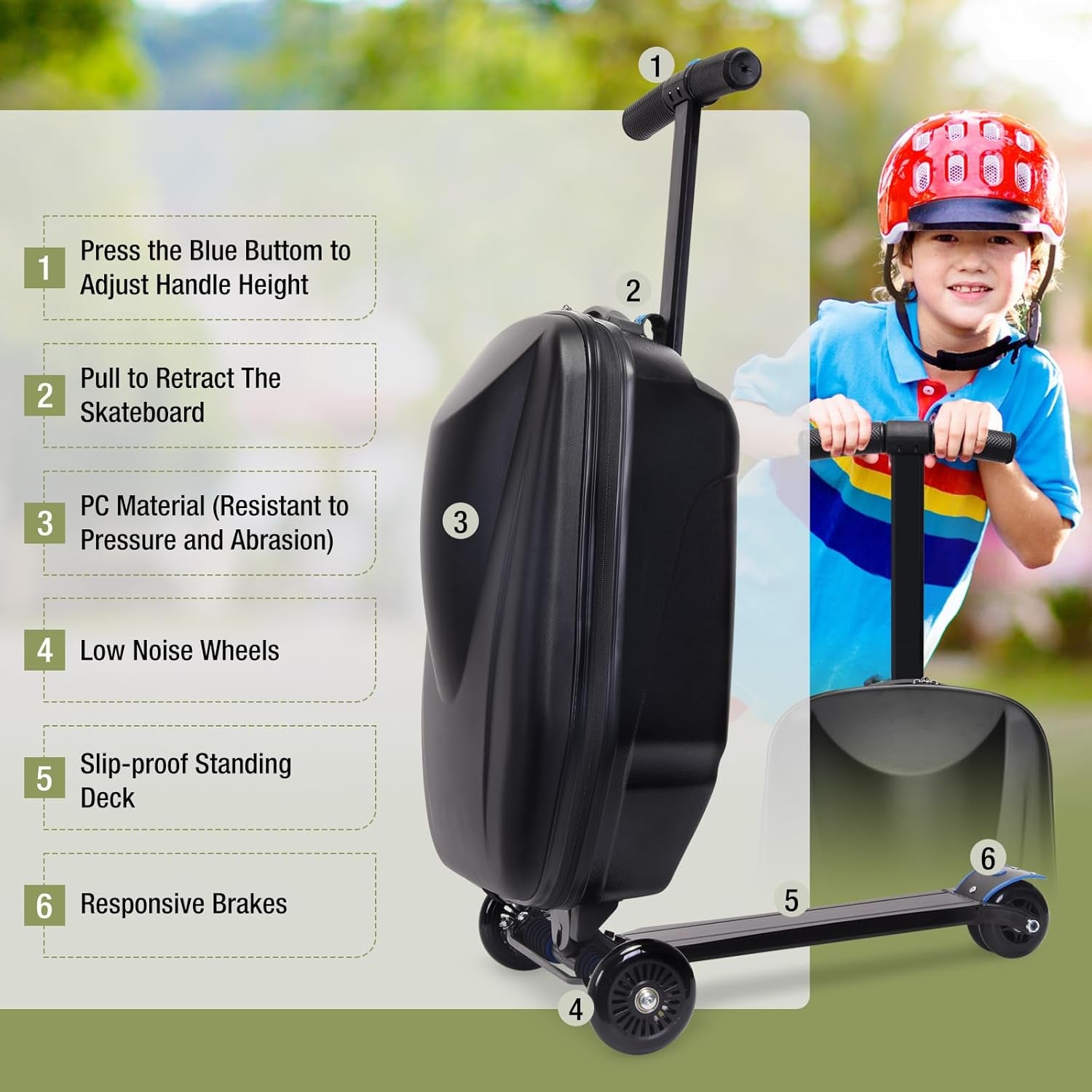20" Scooter Suitcase for Kids, 2-In-1 Ride on Luggage with Wheels for Boys & Girls Ages 4-15, Foldable Hardshell Carry on Lightweight Travel Suitcase for Airplane