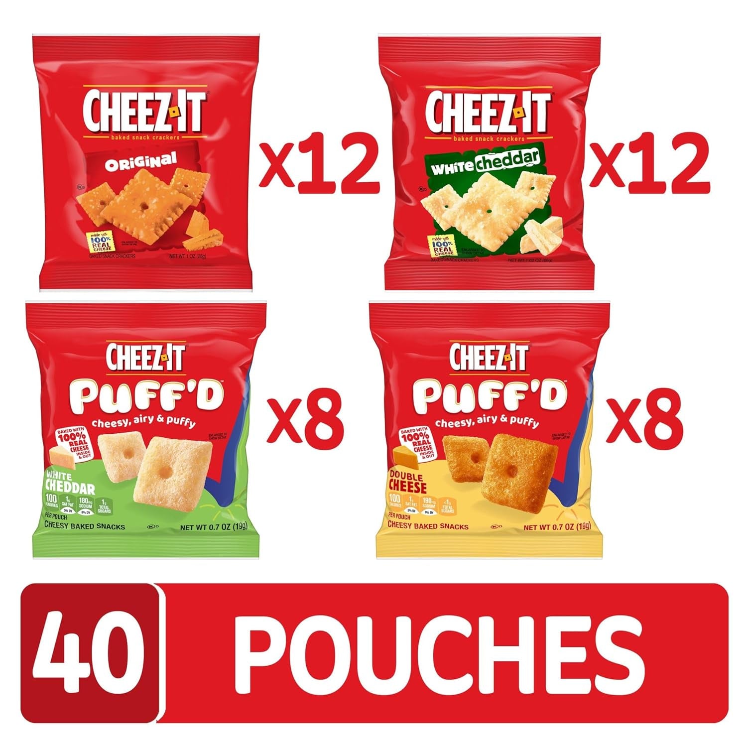 Cheese Crackers, Baked Snack Crackers, Lunch Snacks, Variety Pack (40 Pouches)