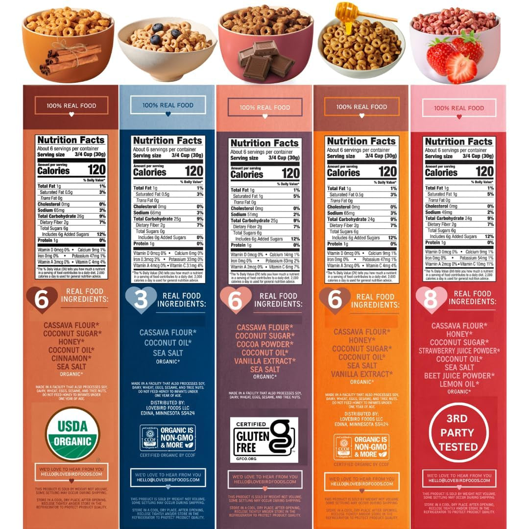 Organic Gluten Free Cereal, Cinnamon and Sampler Bundle Pack – Prebiotic Fiber, Gut Health, Low Sugar, Grain Free, Breakfast or Snack – Healthy Cereal Made with Real Food, 8 Pack