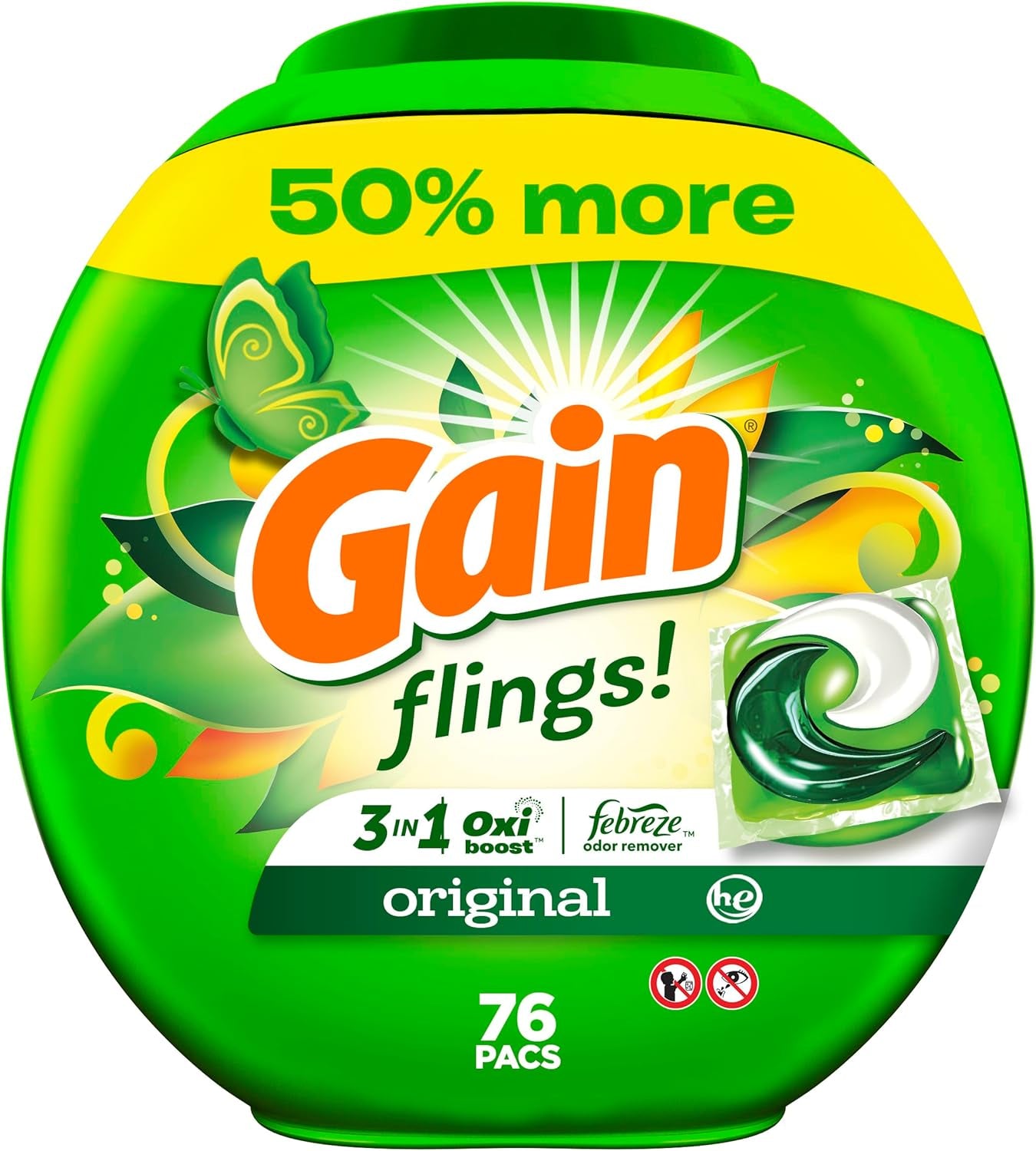 Flings Laundry Detergent Soap Pacs HE Compatible Long Lasting Scent, Original Scent, 76 Count