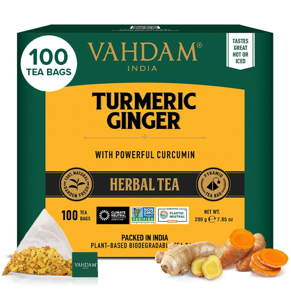 , Turmeric Ginger Herbal Tea Bags (100 Pyramid Tea Bags) Caffeine Free, Non GMO, Gluten Free | 100% Pure Herbal Blend - Savory & Spicy | Whole Loose Leaf Tea Bags