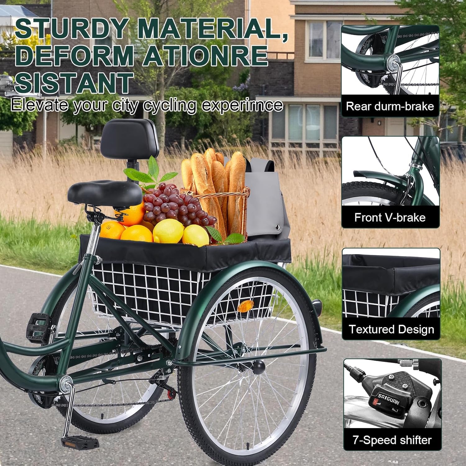 Versatile 24/26-Inch 3-Wheel Adult Tricycle with 7-Speed Gearing and Spacious Basket for Comfortable Riding and Storage for Recreation, Shopping, Picnics