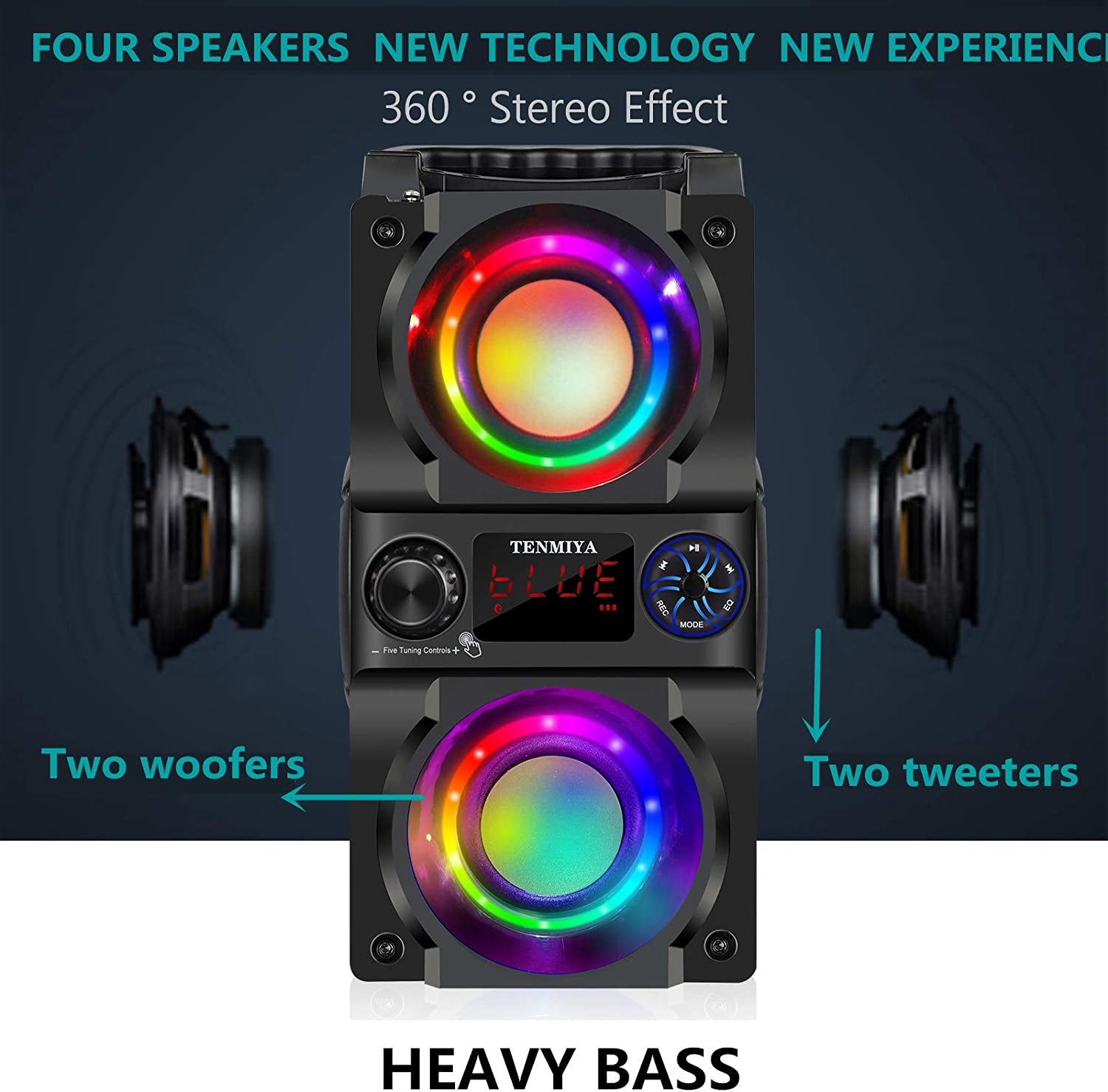 Bluetooth Speaker, 40W (60W Peak) Portable Wireless Speaker with Colorful Lights, Double Subwoofer Heavy Bass, FM Radio, MP3 Player, Loud Stereo Speaker for Home Outdoor Party Camping