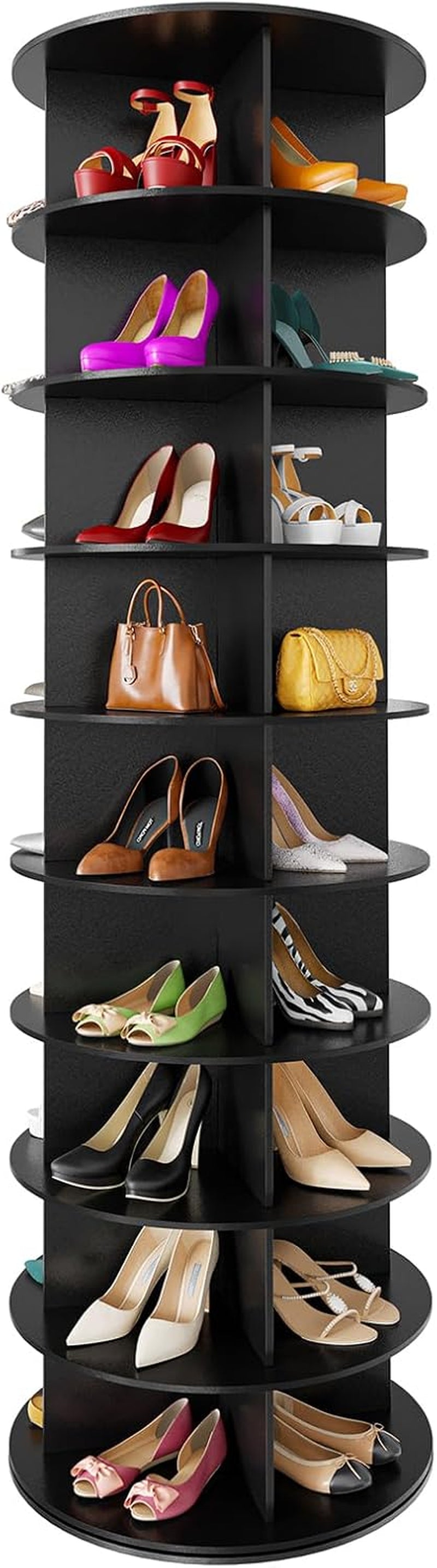 9 Tier Rotating Shoe Rack Tower, Spinning Shoe Display Lazy Susan, Revolving 360 Shoe Rack Storage round Carousel, Vertical Handbag Rotate Shoes Closet Organization (9-Tier Black)