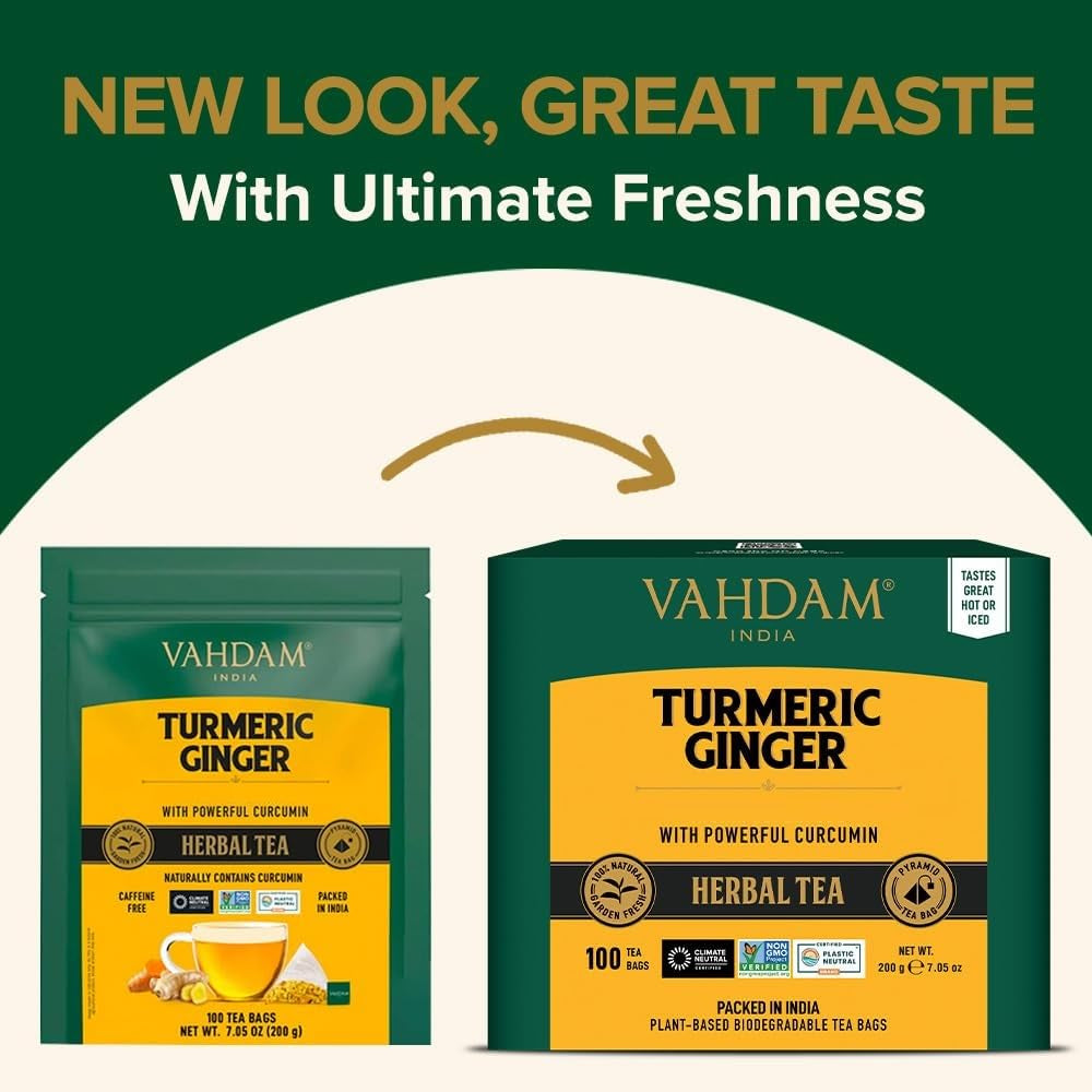 , Turmeric Ginger Herbal Tea Bags (100 Pyramid Tea Bags) Caffeine Free, Non GMO, Gluten Free | 100% Pure Herbal Blend - Savory & Spicy | Whole Loose Leaf Tea Bags