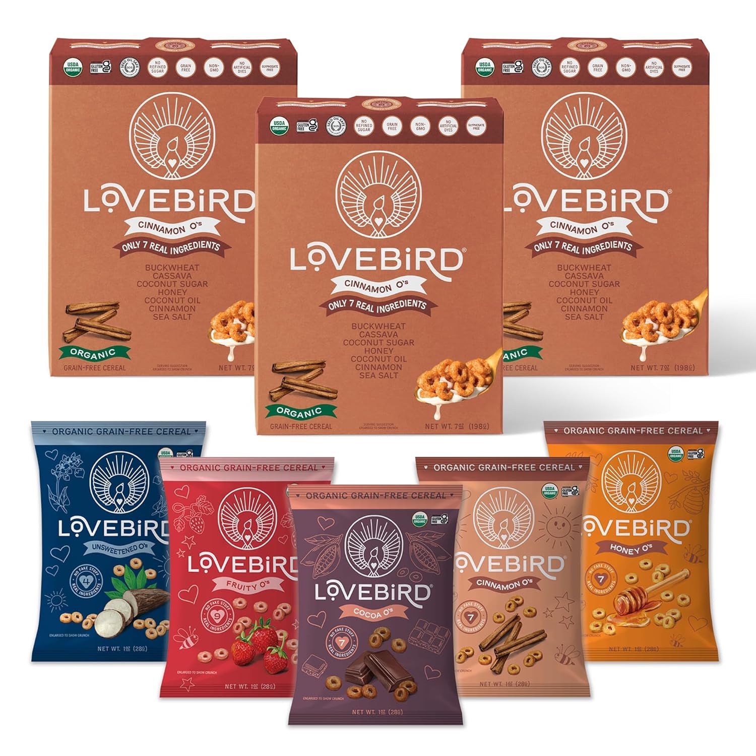 Organic Gluten Free Cereal, Cinnamon and Sampler Bundle Pack – Prebiotic Fiber, Gut Health, Low Sugar, Grain Free, Breakfast or Snack – Healthy Cereal Made with Real Food, 8 Pack