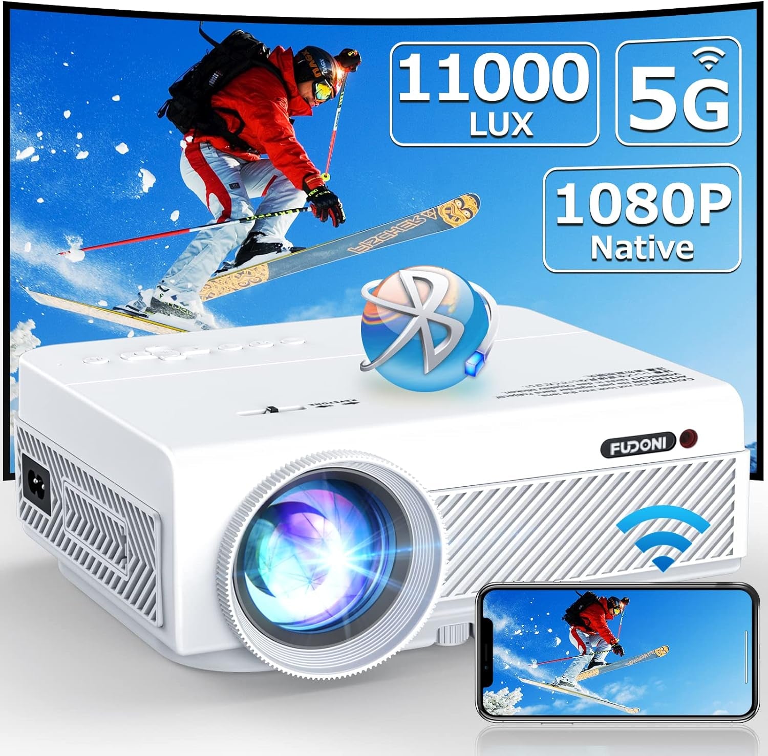 Projector with Wifi and Bluetooth, 5G Wifi Native 1080P Outdoor Projector 11000L Support 4K, Portable Movie Projector with Screen and Max 300", for Ios/Android/Laptop/Tv Stick/Hdmi/Usb/Vga/Tf