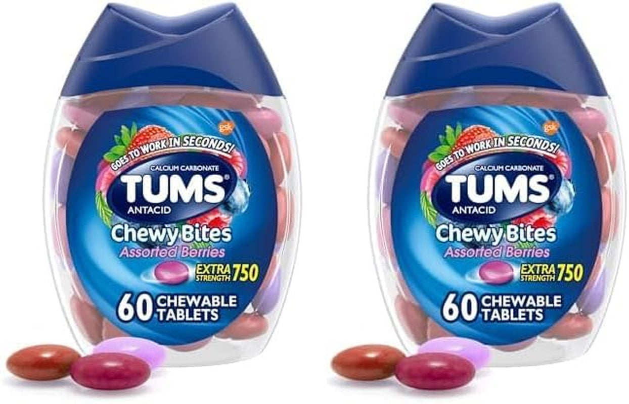 Chewy Bites Antacid Tablets for Chewable Heartburn Relief and Acid Indigestion Relief, Assorted Berries - 60 Count (Pack of 2)
