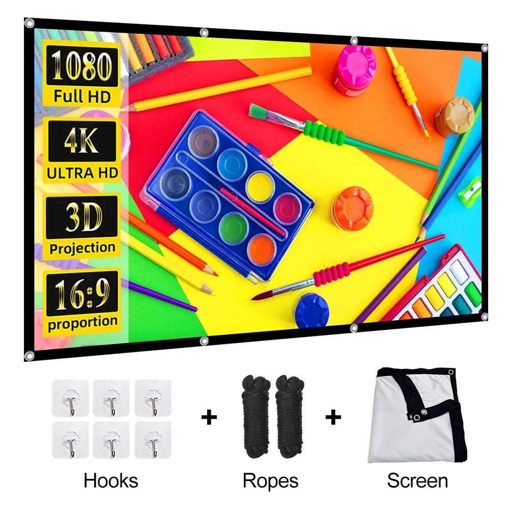 Projection Screen 100 Inch 16:9 Projector Screen Portable Outdoor Indoor Wrinkle-Free 4K HD Wall-Mounted Backyard Movie Night Camping Office Presentation (221X125Cm)