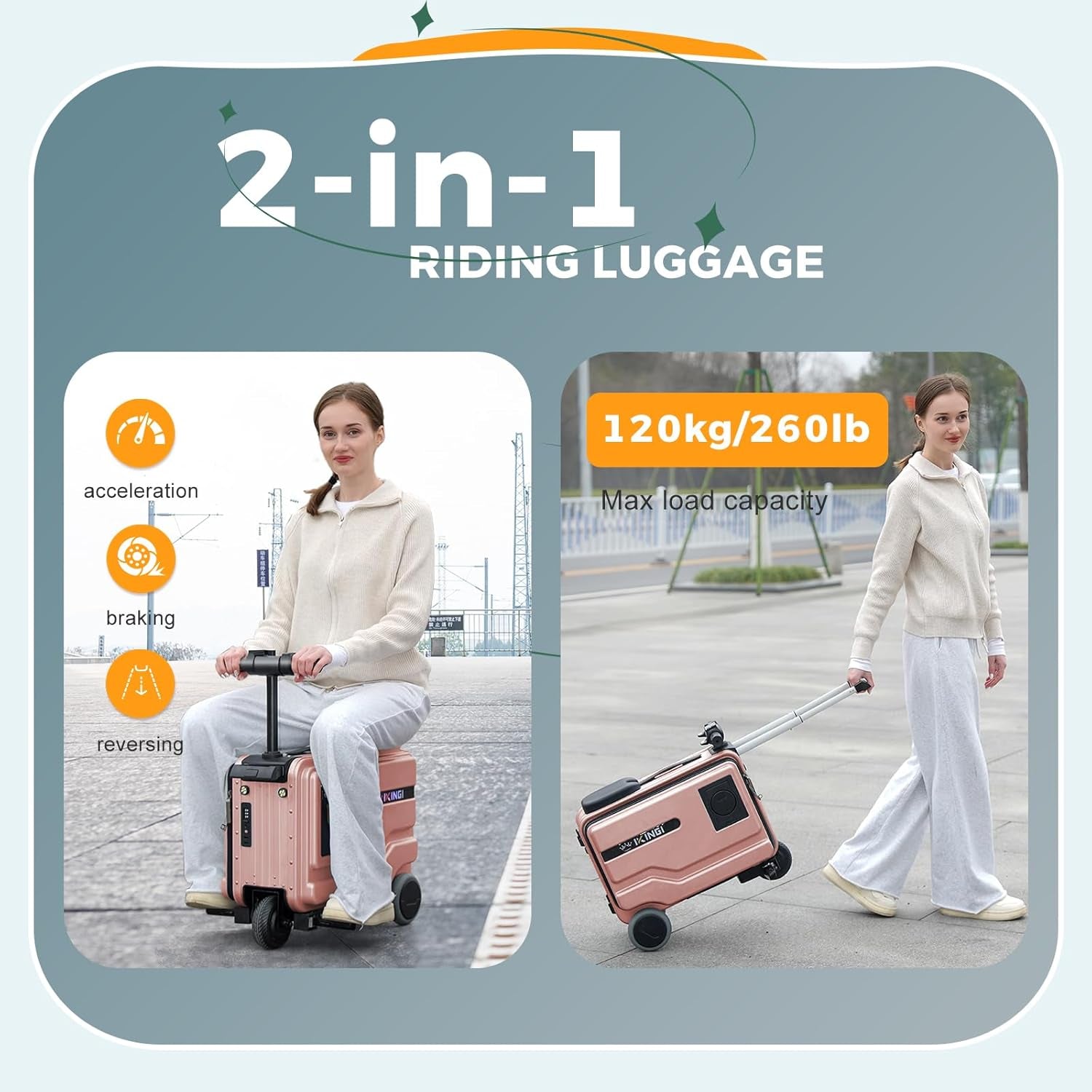 Electric Suitcase 20Inch Rideable Luggage Boardable Luggage Carry on Luggage with Night Light, Cup Holder (Pink)