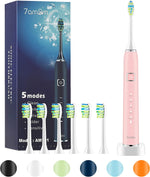 Sonic Electric Toothbrush with 6 Brush Heads for Adults and Kids, One Charge for 90 Days, Wireless Fast Charge, 5 Modes with 2 Minutes Built in Smart Timer, Electric Toothbrushes(Pink)