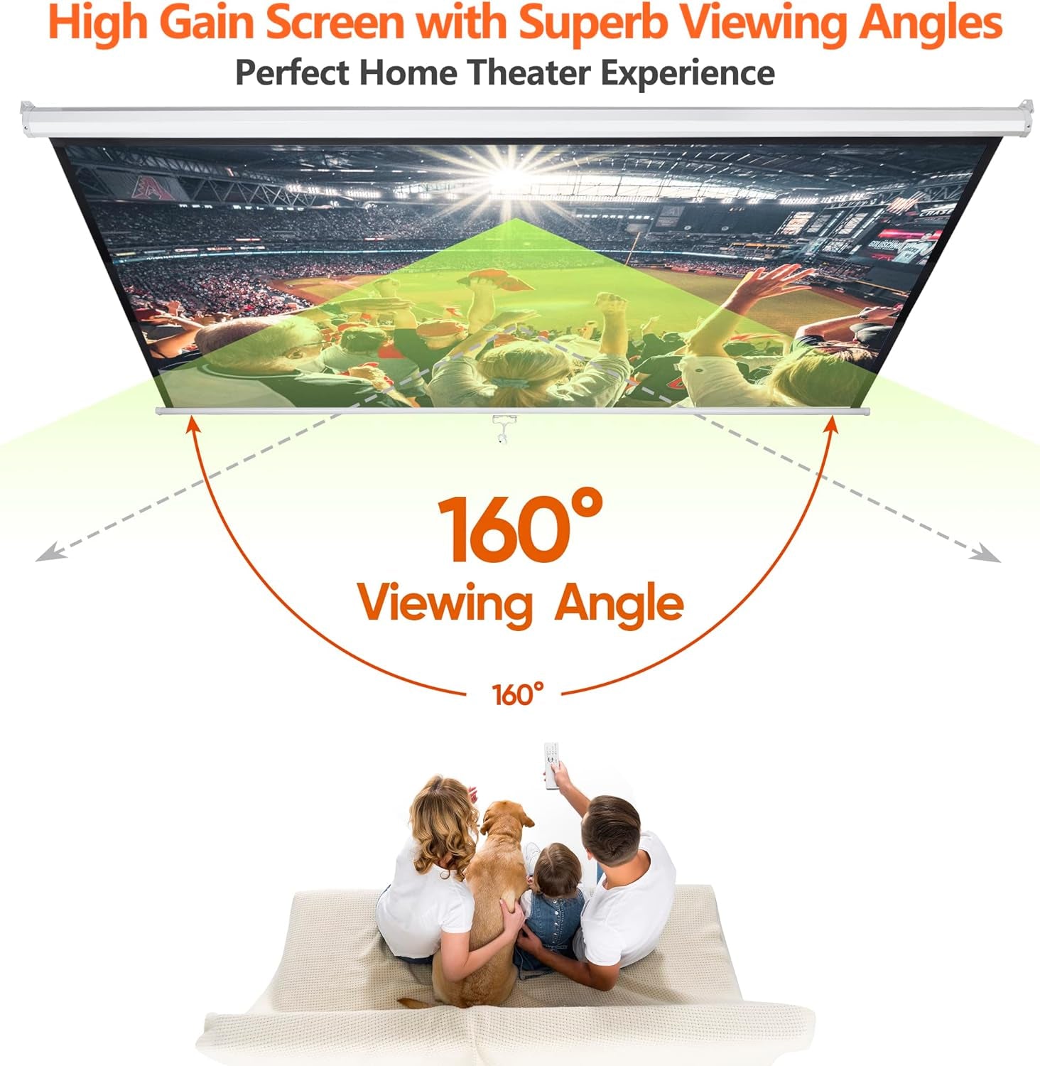 100'' 16:10 HD Projection Screen Foldable Anti-Crease Portable Projector Movie Screen Manual Pull down for Home Theater Presentation Education Outdoor Indoor Public Display, White