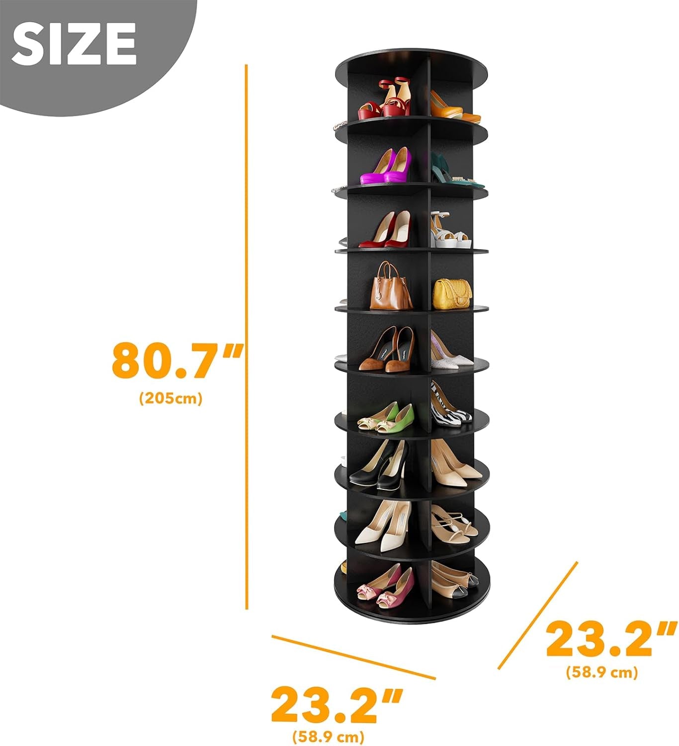 9 Tier Rotating Shoe Rack Tower, Spinning Shoe Display Lazy Susan, Revolving 360 Shoe Rack Storage round Carousel, Vertical Handbag Rotate Shoes Closet Organization (9-Tier Black)