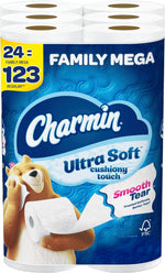 Ultra Soft Cushiony Touch Toilet Paper, 24 Family Mega Rolls = 123 Regular Rolls