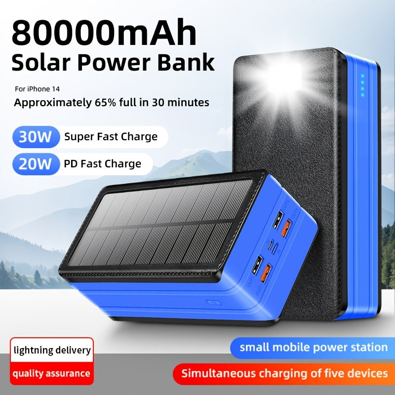 80 000mAh Solar Power Bank Large Capacity 30W Fast Charging Mobile Power 5Outputs And 2 Inputs LED Flashlight SOSStrobeStrobe Light Flashlight PortableCharger Suitable for Outdoor Camping And Wilderness Survival Gear