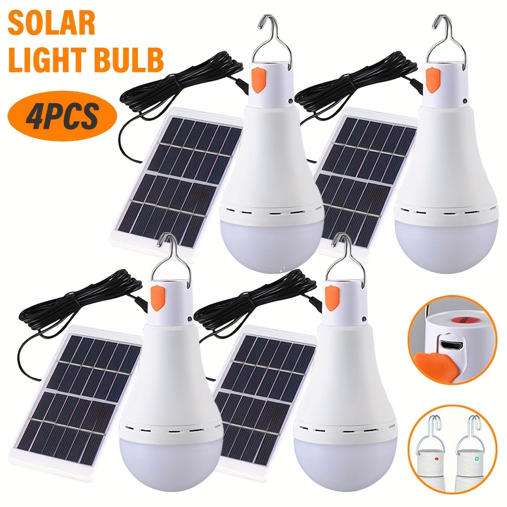 4pcs Intelligent Solar LED Bulbs USB Rechargeable Emergency Light Bulbs with Portable Hook 3 Lighting Modes Garden Lights Suitable for Gardens Camping Fishing Lanterns Night Lights Emergency Use