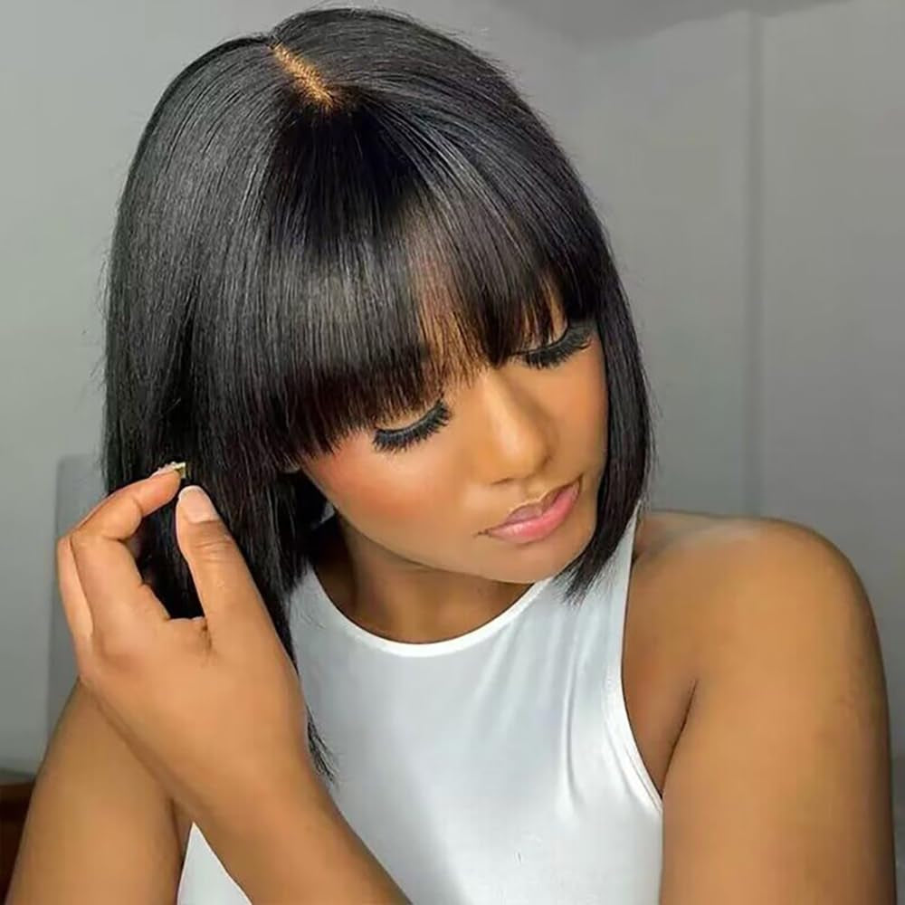 Short Black Human Hair Bob Wigs with Bangs Straight Realistic Scalp Glueless Non Lace Front Wig for Women Wear and Go Blunt Cut Bob Wigs 180% Density (8 Inch,)