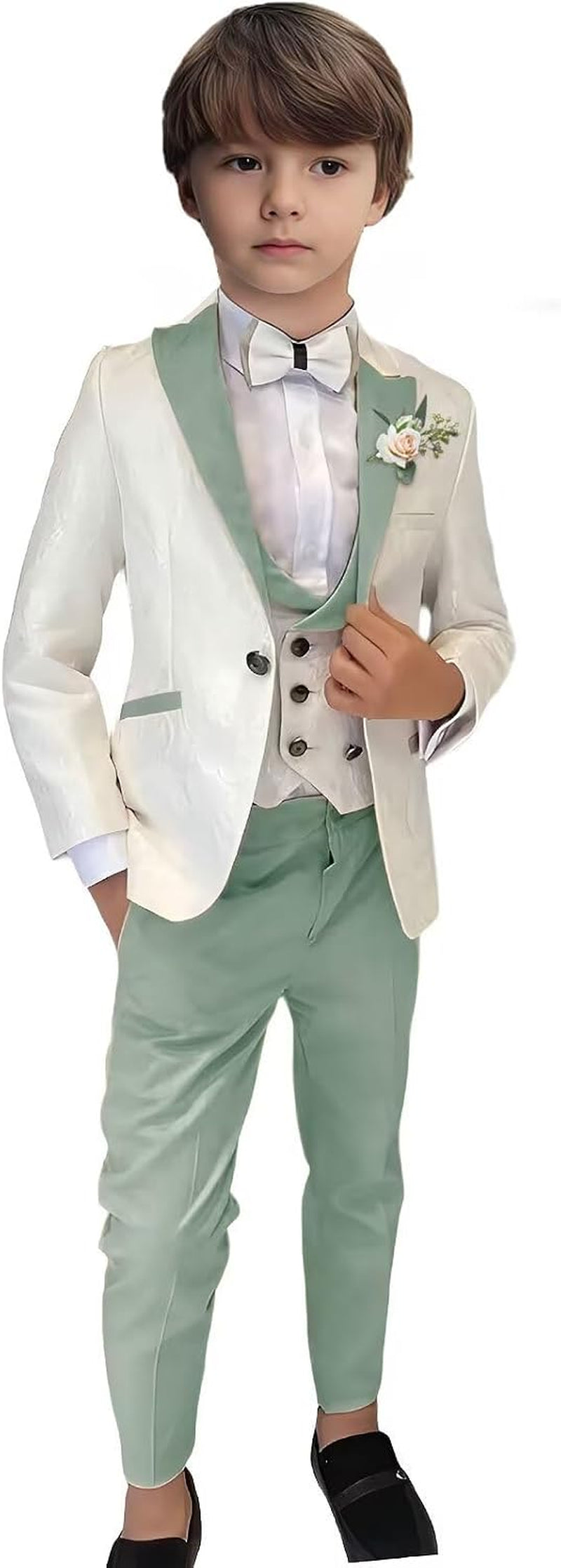 Kids Tuxedo Suits for Boys Jacquard 3 Piece Slim Fit Dress Clothes Wedding Dinner Blazer Vest Pants (Light Green,3 Years)