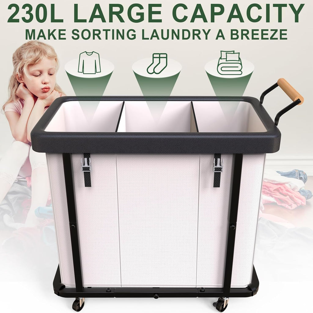 Laundry Hamper 3 Section,230L (60Gal) Rolling Dirty Clothes Hamper White | Laundry Basket with Wheels & Lid,Laundry Organizer Storage Cart with Metal Frame and Wooden Handle for Laundry Room, Hotel