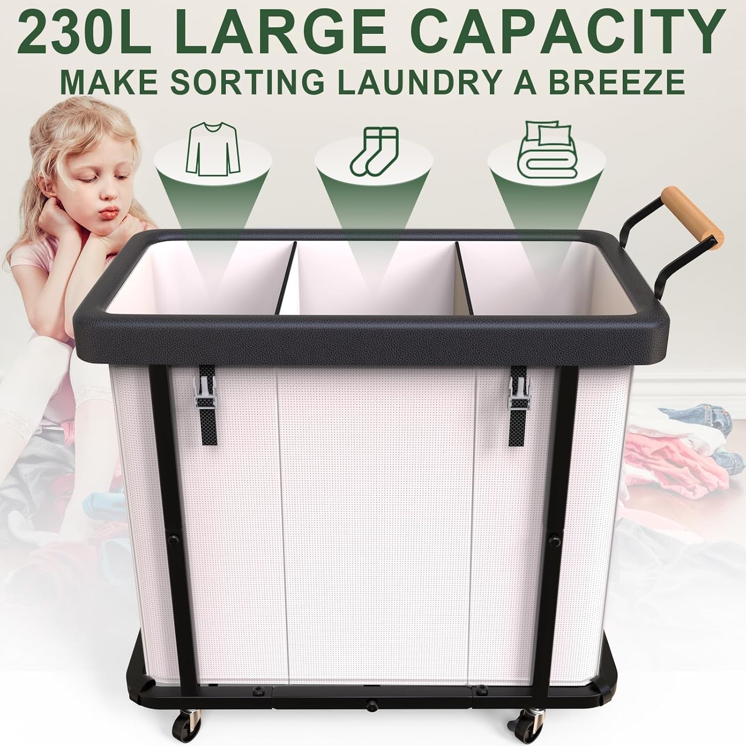 Laundry Hamper 3 Section,230L (60Gal) Rolling Dirty Clothes Hamper White | Laundry Basket with Wheels & Lid,Laundry Organizer Storage Cart with Metal Frame and Wooden Handle for Laundry Room, Hotel
