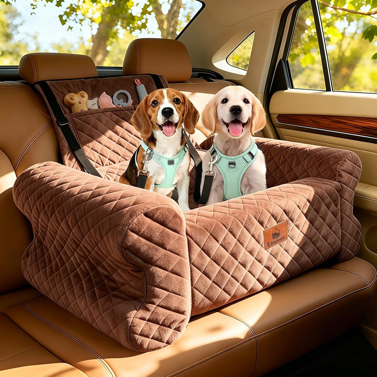 Dog Car Seat for Medium/Large Dogs up to 60LBS Memory Foam Dog Booster Seat | with Thick Cushion, Pet Car Seat for Back with Detachable Washable Cover, Storage Pockets for SUV, Pick Up, Trunk, Brown