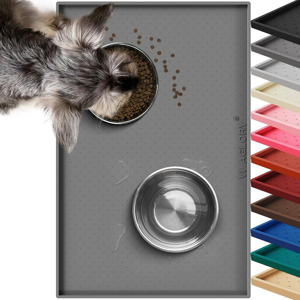 Pet Food Mat Grippymat Dog Bowl Mat, 24" L X 16" W, Grey | Placemat with Raised Edge for Indoor, Waterproof Silicone for Cat Kitty & Puppy