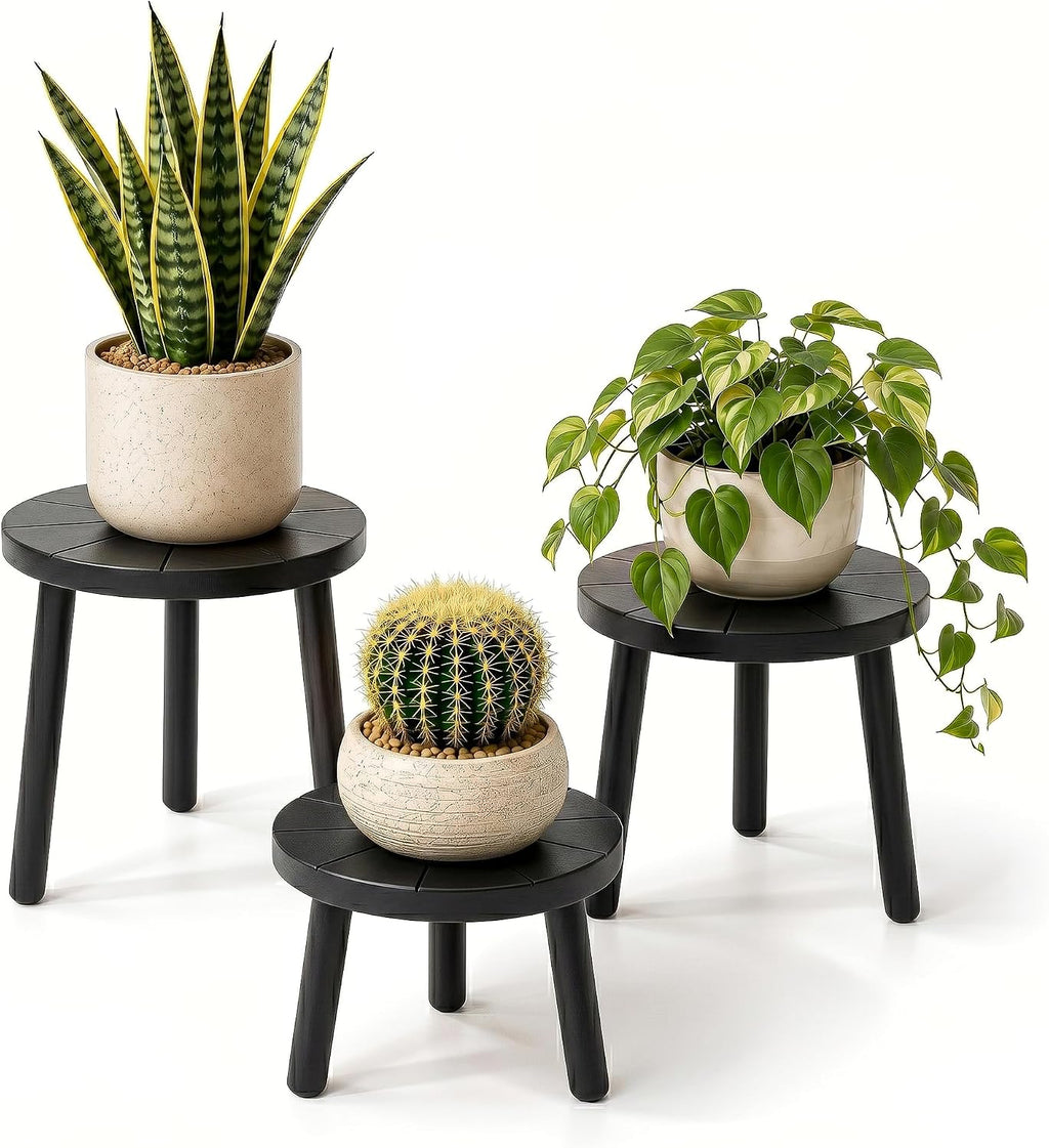Wood Plant Stands Indoor, 3-Pack Single Plant Stand for 7-10 Inch Pots, Mid-Century Modern Plant Stool, Tall Plant Stand for Large Plants for Living Room, Balcony, Office (Black, 3-Pack)