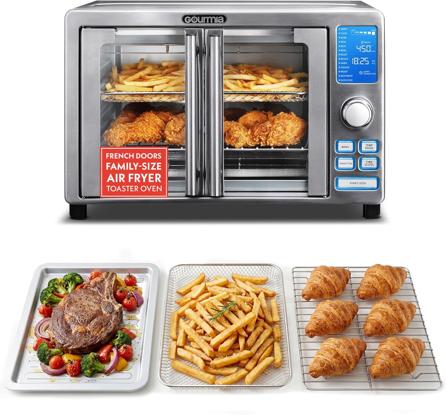 Air Fryer French Door Toaster Oven - 6-Slice Capacity, LED Display with 14 Cooking Presets, Stainless Steel