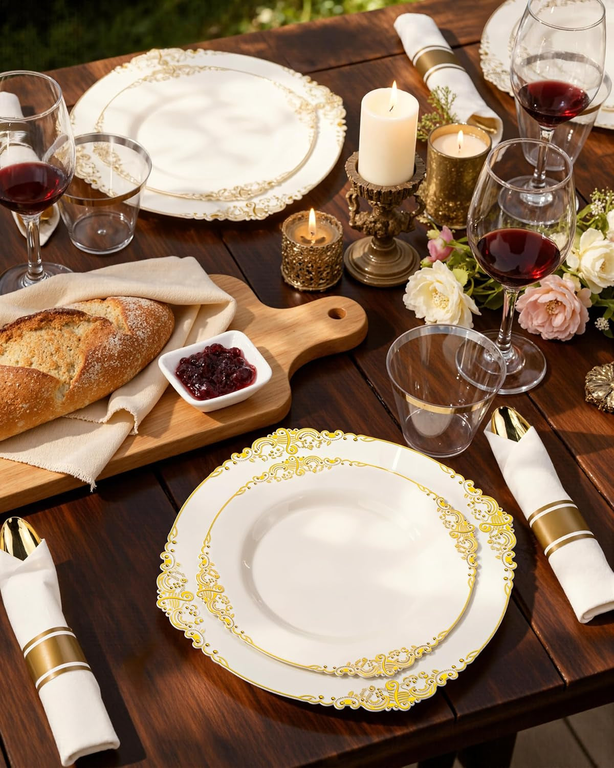 350PCS Ivory Plastic Plates - Ivory Gold Plastic Dinnerware Sets for 50 Guests - 100 Gold Disposable Plates, 50 Pre Rolled Silverware Sets, 50 Cups Perfect for Wedding & Party