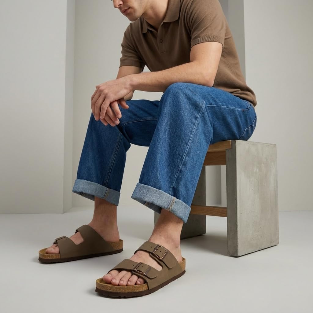 Lane Cork Footbed Mens Sandals, Adjustable Buckle Comfort Slides for Men, Genuine Leather Insole Summer Sandals Men Footwear