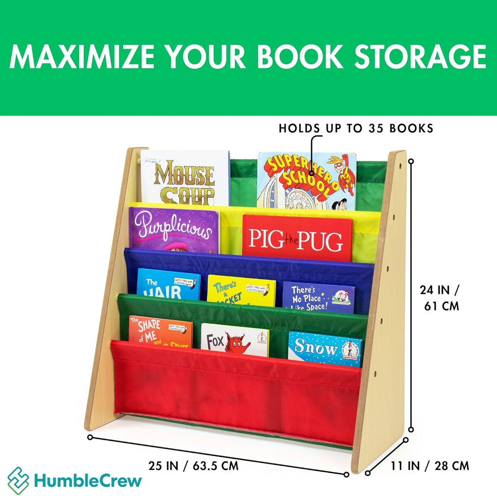 Kids Bookshelf, 4-Tier Front-Facing Book Display Organizer, Montessori Toddler Bookcase for Playroom, Bedroom & Reading Corner, Natural Wood/Primary