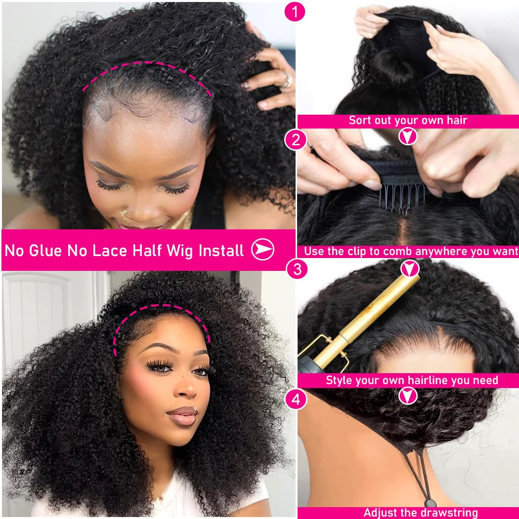 Kinky Curly Half Wig Human Hair 200 Density 3 in 1 Seamless Flip over Half Wigs Human Hair Glueless Wear and Go Beginner Friendly Kinky Curly Wig Human Hair Drawstring Headband Wig for Women 20 Inch