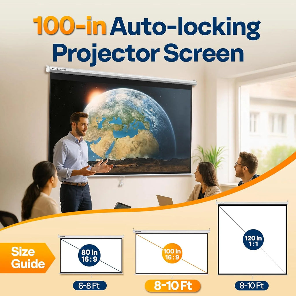 100 Inch Manual Pull down Projector Screen, 16:9 HD Retractable Projector Screens with Auto Locking for Movie Home Theater Cinema Office Video Game, White(87W X 49H Inch Display Area)