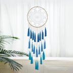 Macrame Dream Catcher Wall Hanging, Blue Large Boho Bedroom Decor | Handmade Tassel Feather Ornament, Natural Cotton, Modern Chic Living Room Nursery Art Decor, Blessing Gift for Women Girls