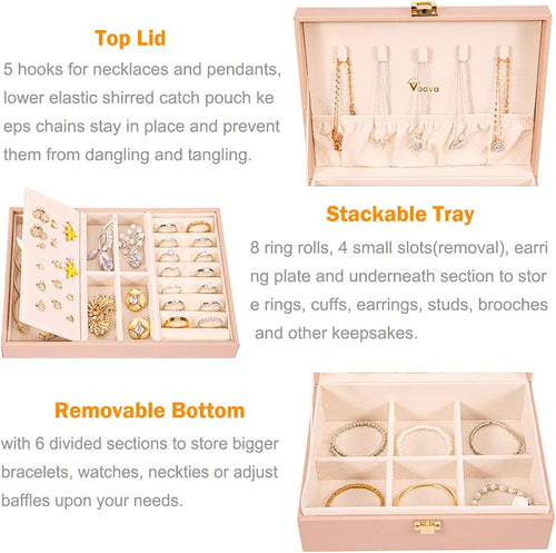 2 Layer Jewelry Box Organizer with Removable Tray, Vintage Gift, Pink | 2-Layer PU Leather Jewelry Organizer with Removable Tray for Necklaces, Earrings, Rings and Bracelets; for Women and Girls