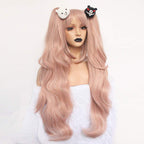 Long Pink Pigtail Wig Women Wavy Ponytail Wigs Long Wavy Cosplay Wig | Hair Cap+2 Bears Clip-On Detachable Pigtail Cosplay Wig Pink Curly Ponytail Hair Anime Costume for Halloween Party Cosplay