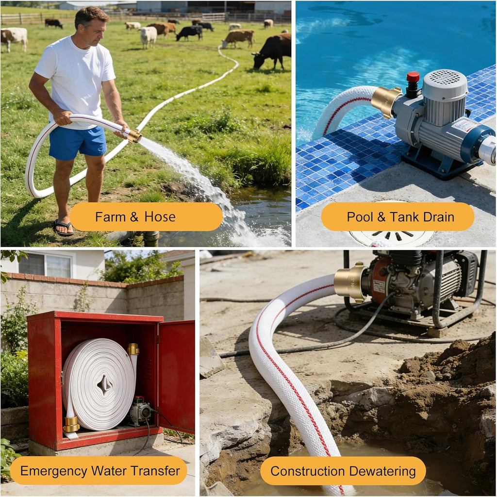 1-1/2" ID Fire Hose, 50Ft Single Jacket TPU Lay Flat Hoses with Brass NST/NH Couplings, 250 PSI Working / 750 PSI Burst, All-Weather Firefighter Hose for Fire Cabinets