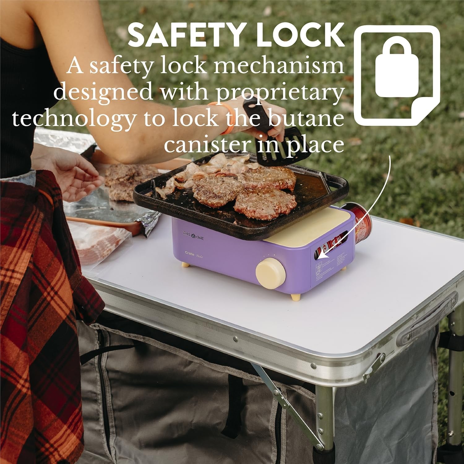 Butane Fuel Camp Stove – Crate Series - Mini Stove for Camping, Hiking – Portable Gas Stove with Spiral Flame – Even Heat Distribution – Modern and Easy to Use (Violet)
