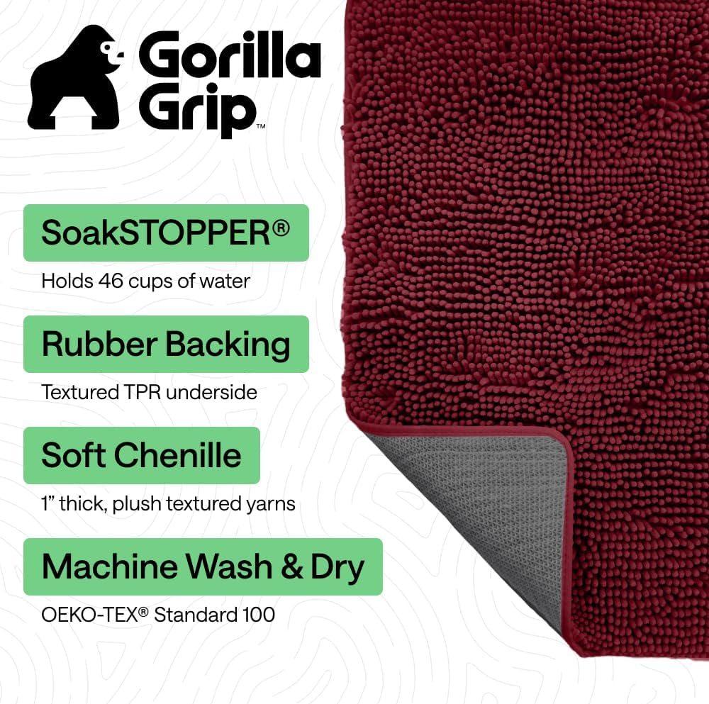GORILLA GRIP Soakstopper Dog Door Mat, 60X36 Machine Washable Rug Absorbent Doormat Captures Moisture Mud Dirt, Quick Dry Soft Chenille Entryway Rugs Indoor Entrance Mats for Dog Paws, Burgundy