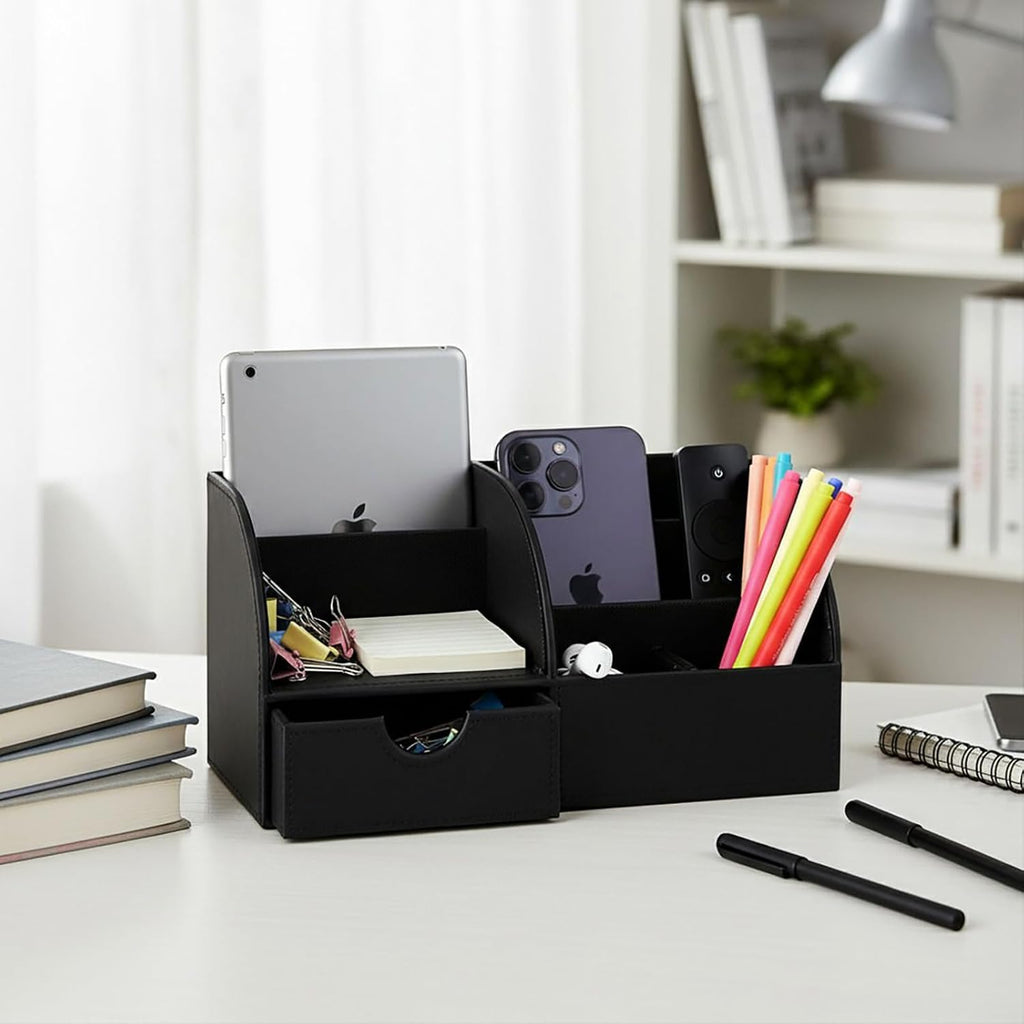 Desk Organizer - Multifunctional Leather Desktop Pen Holder Storage Box - Business Card/Pen/Pencil/Mobile Phone/Stationery Holder, Black