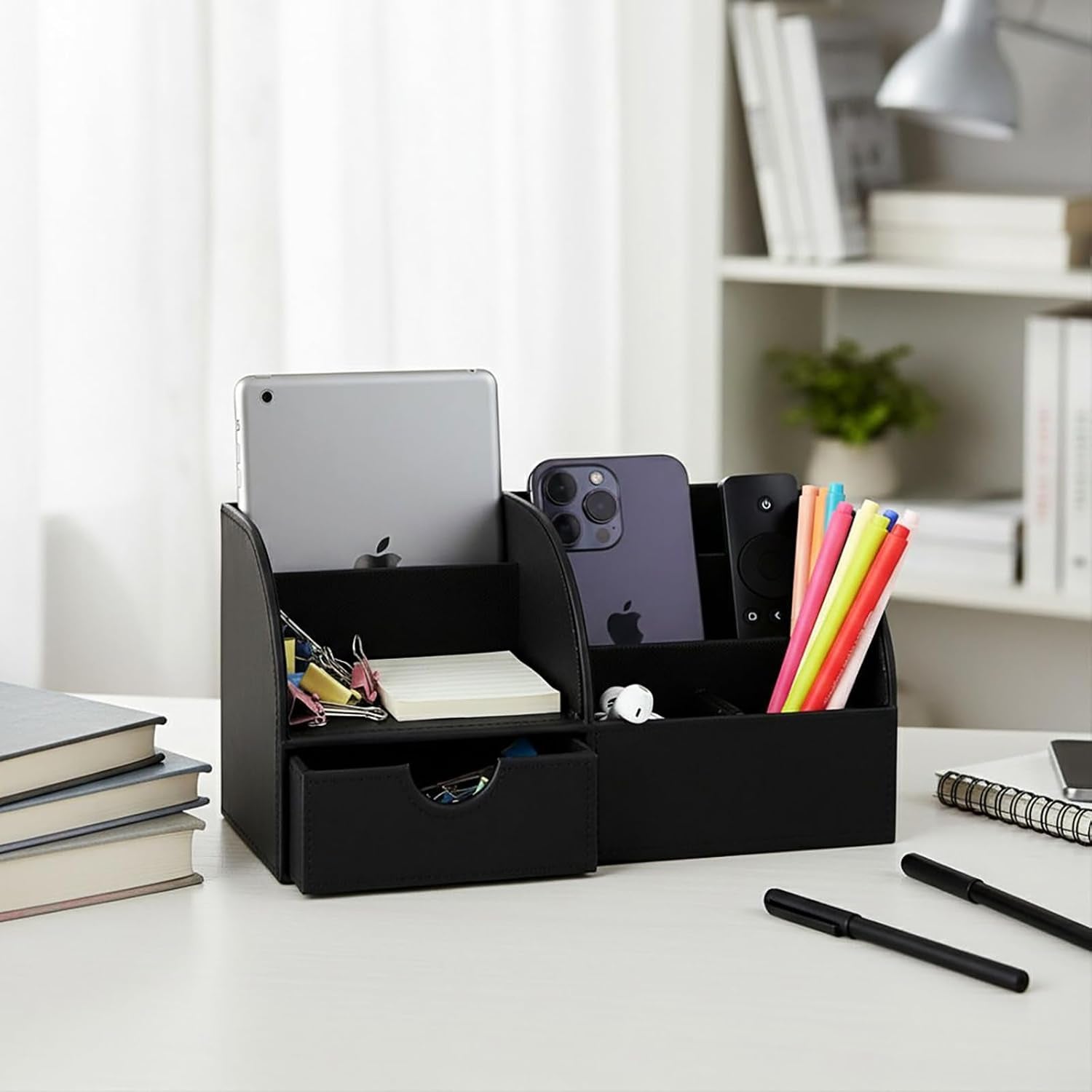 Desk Organizer - Multifunctional Leather Desktop Pen Holder Storage Box - Business Card/Pen/Pencil/Mobile Phone/Stationery Holder, Black