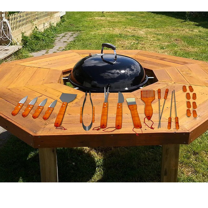 Jim 22-Piece Wood BBQ Grill Tool Set - with Wooden Handles, Case, Steak Knives, Spatula, and Tongs