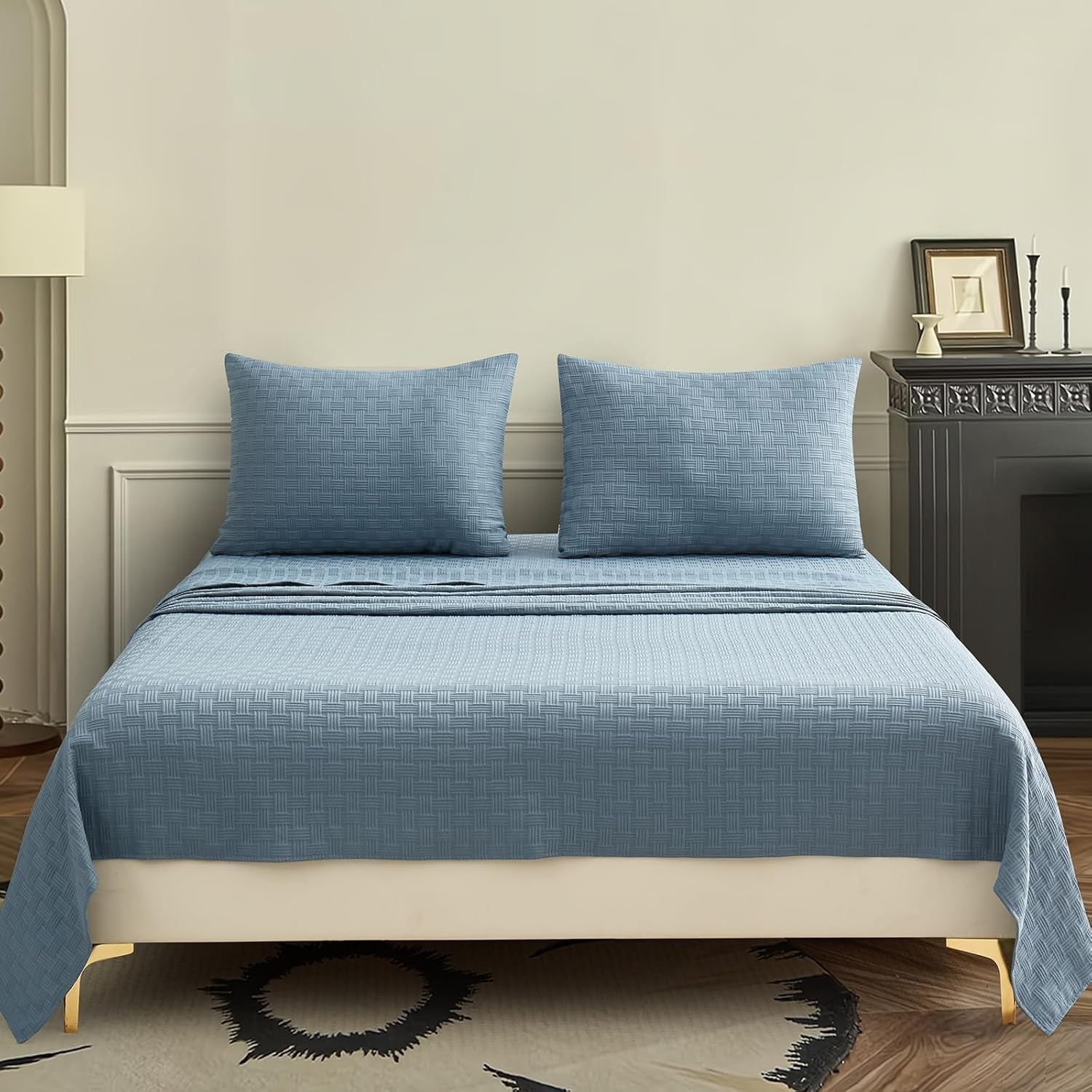 Woven Grid Soft Bed Sheets 4 Piece Set - Luxury Breathable Queen Size Cooling Sheets with 1Fitted Sheet, 1Flat Sheet & 2 Pillowcases- Deep Pocket Fitted Sheet up to 18 Inches (Blue Grey)
