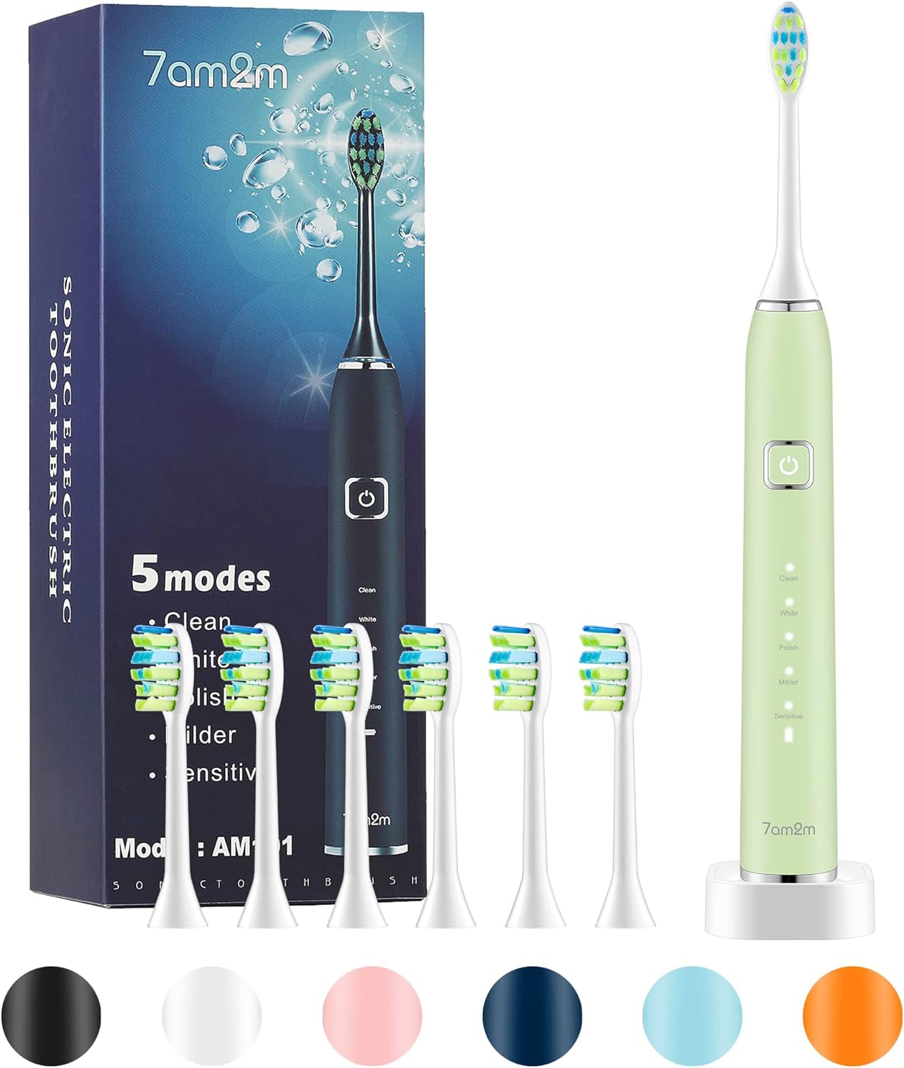 Sonic Electric Toothbrush with 6 Brush Heads for Kids and Children, One Charge for 90 Days, Wireless Fast Charge, 5 Modes with 2 Minutes Built in Smart Timer, Electric Toothbrushes(Green)