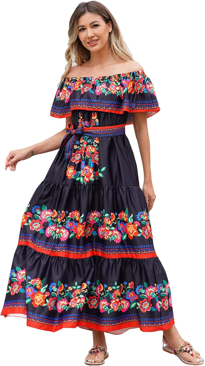 Women Mexican Dress off Shoulder Floral Long Maxi Dress Summer Beach Party Cinco De Mayo Dresses with Belt
