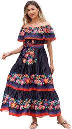 Women Mexican Dress off Shoulder Floral Long Maxi Dress Summer Beach Party Cinco De Mayo Dresses with Belt