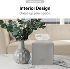 Tissue Box Cover, [Refined] Modern PU Leather Square Tissue Box Holder - Decorative Organizer for Bathroom Vanity Countertop, Night Stands, Office Desk & Car 5"X5"X5" - Pastel Grey