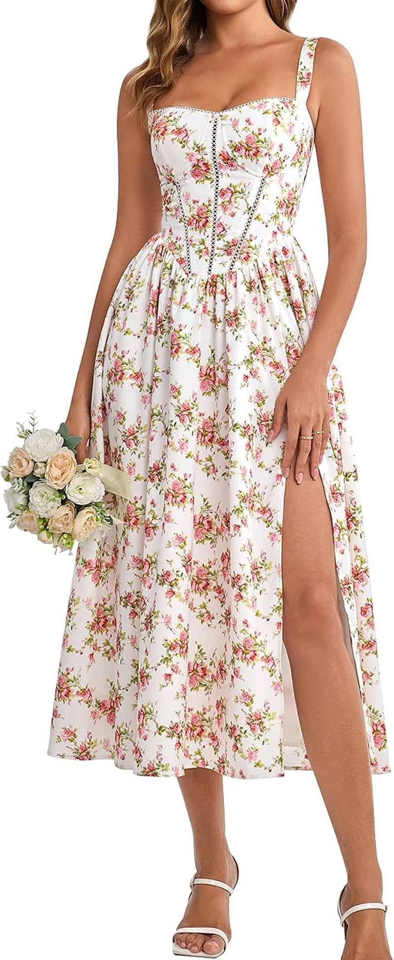 Summer Floral Corset Midi Wedding Guest Dresses for Women | Slit Flowy Sundress with Pockets, Idea for Garden Tea Party Engagement Bridal Shower Fancy Cottagecore Milkmaid
