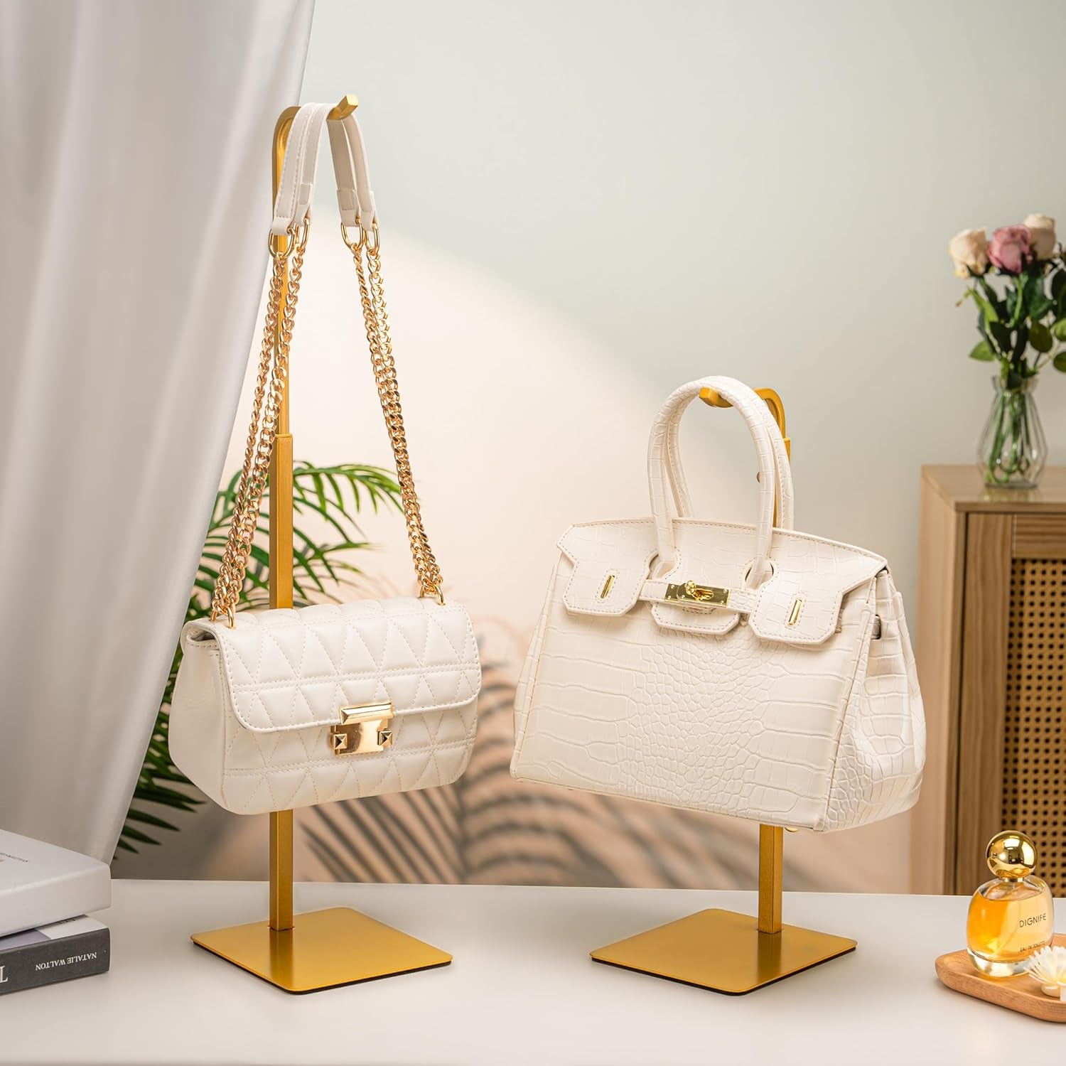 Purse Holder Handbag Display Stand: Gold Hanger Rack for Bags, Purses, and Wreath, Adjustable Hook Stand for Tabletop, Closet, and Retail Use for Vendors